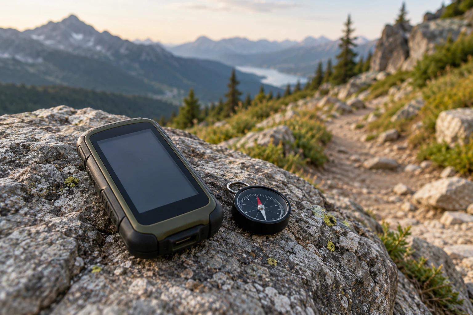 GPS portable et boussole posés sur un rocher, sentier de montagne au coucher de soleil
