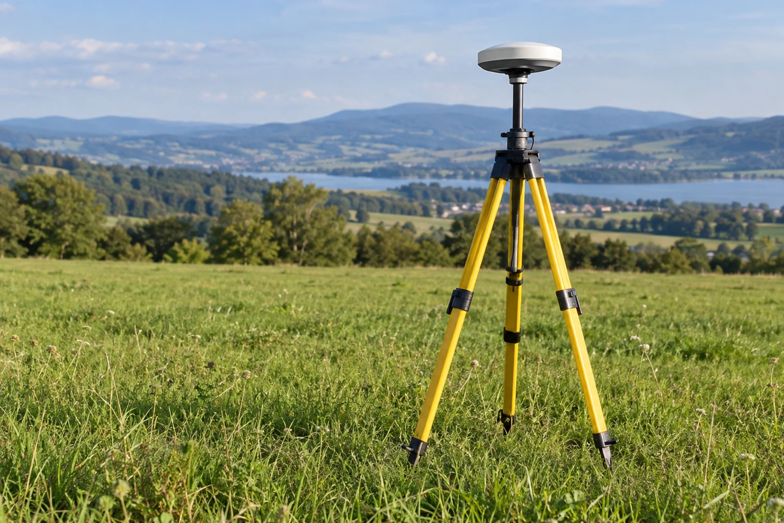 Antenne GNSS sur trépied jaune posée dans un champ, lac et collines en arrière-plan