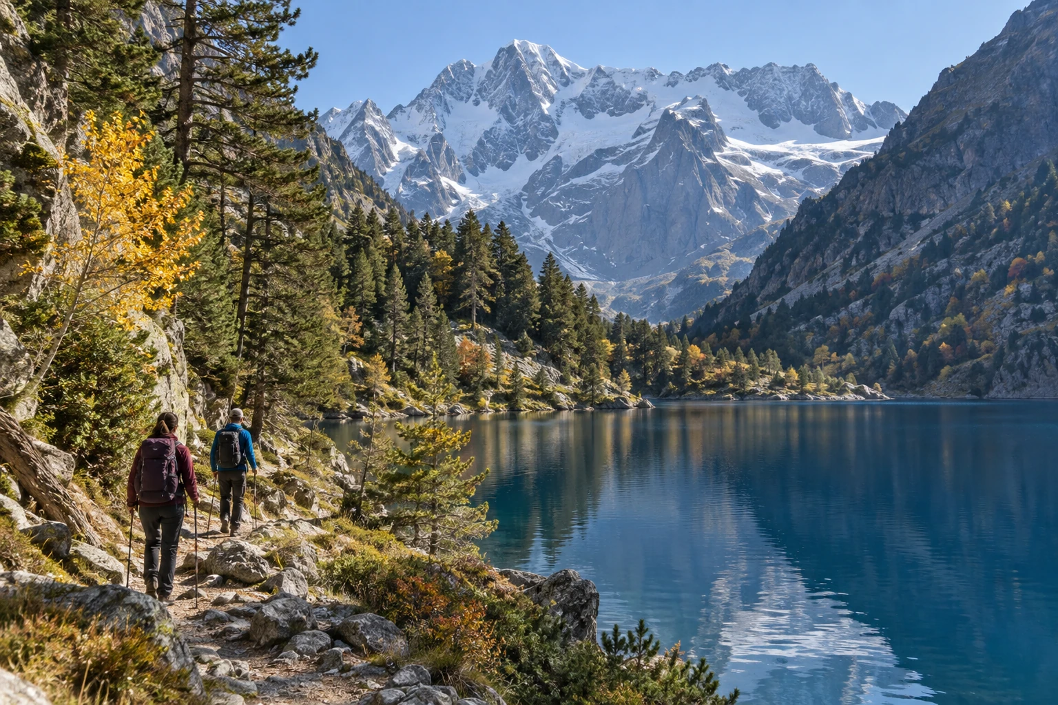 Deux randonneurs longeant le Lac de Gaube, montagnes enneigées et reflets bleus
