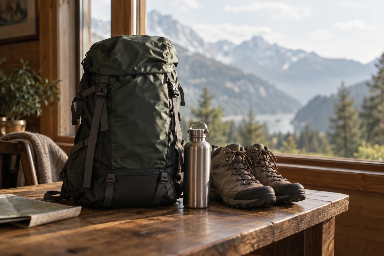 Sac à dos vert, gourde inox et chaussures de randonnée sur table, vue montagnenelle depuis chalet