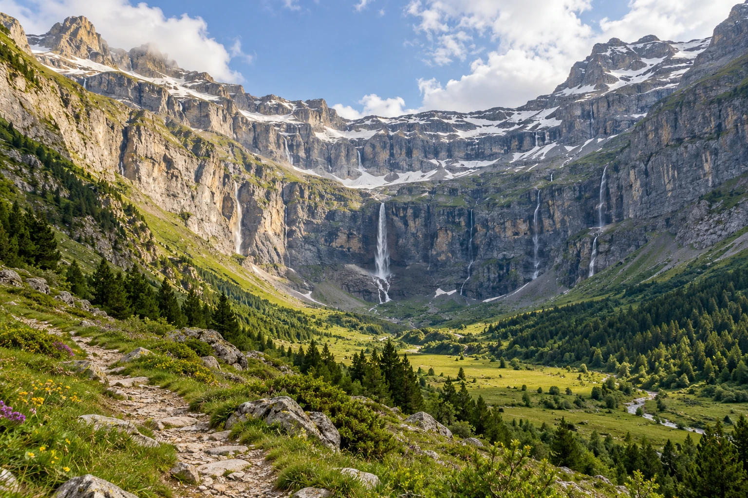 Sentier de randonnée herbeux menant au cirque de Gavarnie et sa grande cascade
