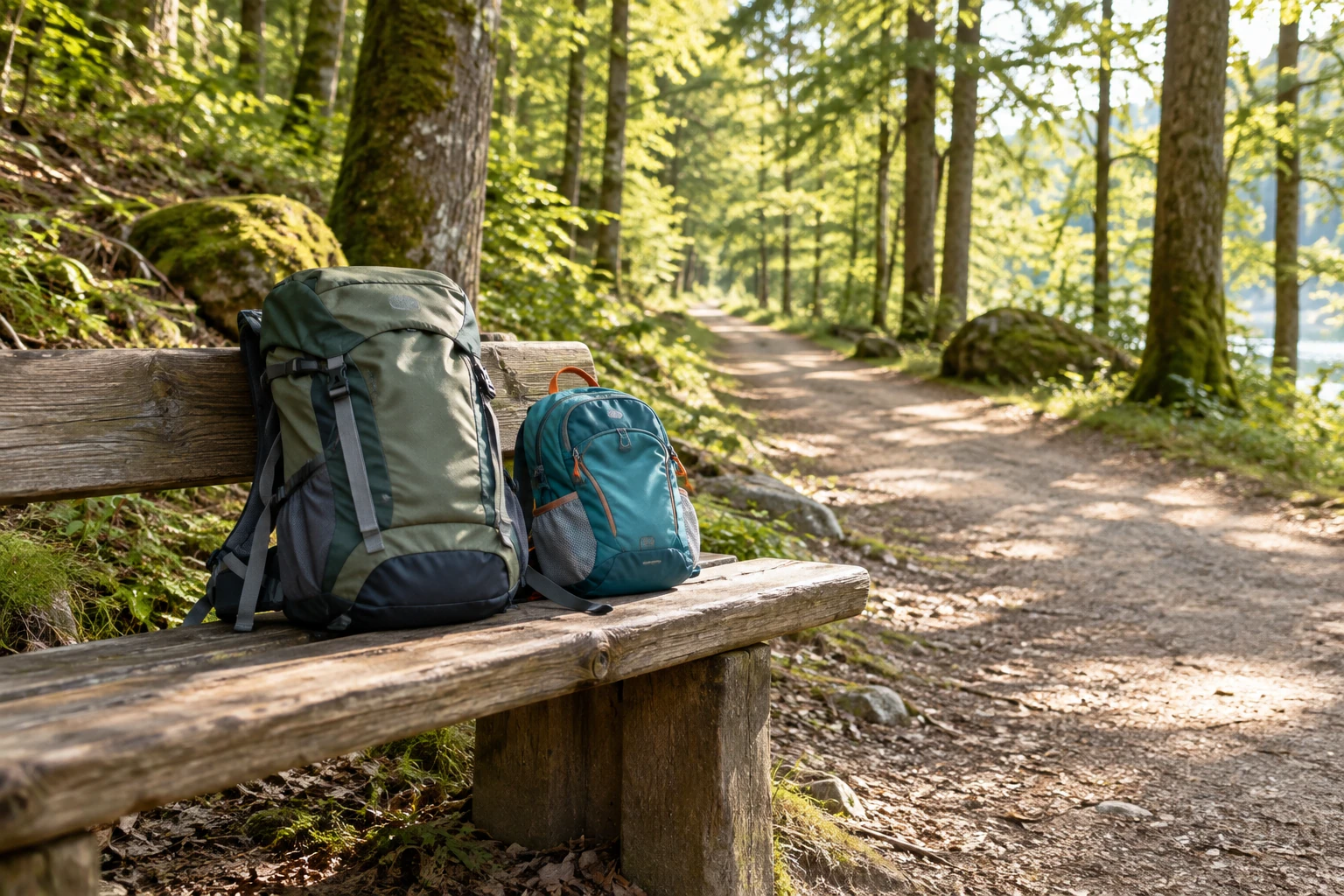 Deux sacs à dos posés sur un banc en bois le long d'un sentier forestier lumineux