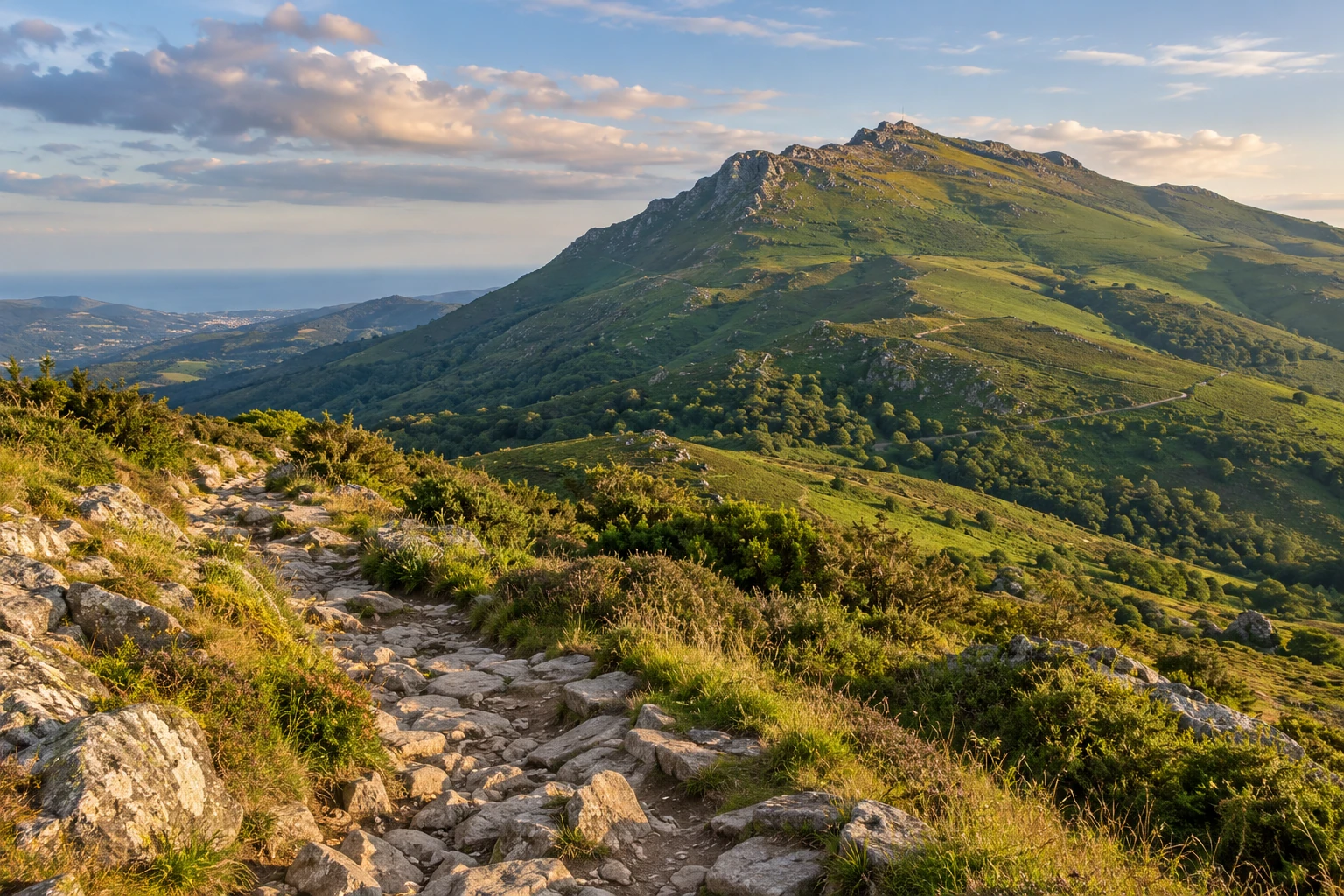 Sentier rocheux en crête menant vers la montagne verdoyante de la Rhune au soleil couchant